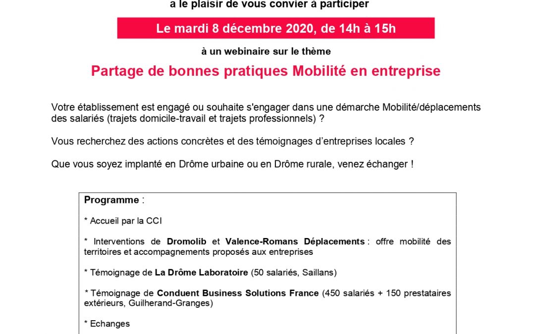 Webinaire « Partage de bonnes pratiques Mobilité en entreprise » – 8 Décembre 2020 de 14h à 15h